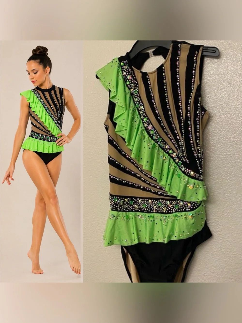 Glamour Dance Costume Lime Green Black Rhythmic Gymnastics jazz sassy neon LA